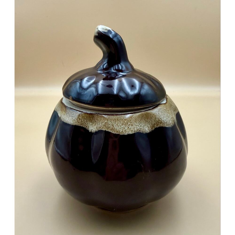 Vintage Studio Pottery Lidded Jar Tenmoku Drip Glaze Signed Monogram Stoneware